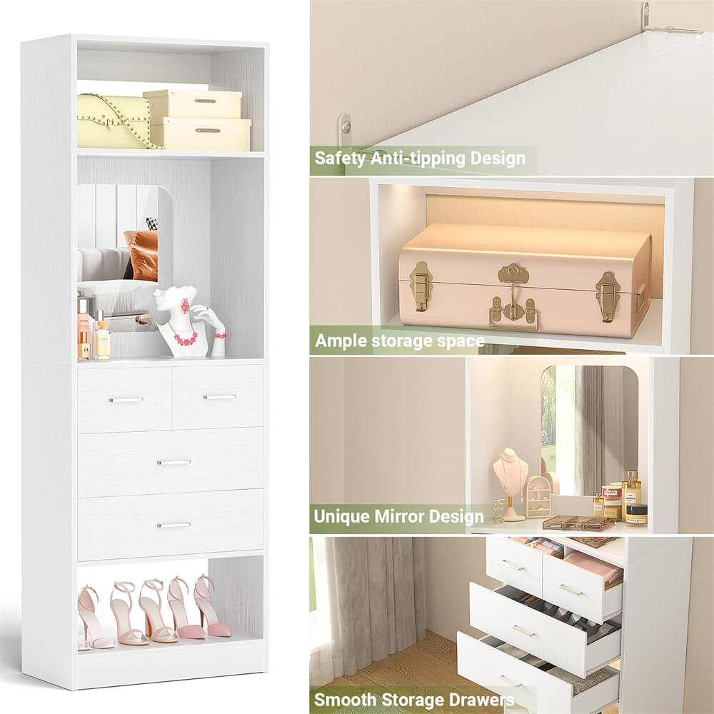 Unikito Closet System with Drawers, Freestanding Closet Organizer with Storage Shelves and Mirror, Sturdy Walk in Closet Tower for Bedroom, Mudroom and Entryway, 25" W x 16" D x 80" H