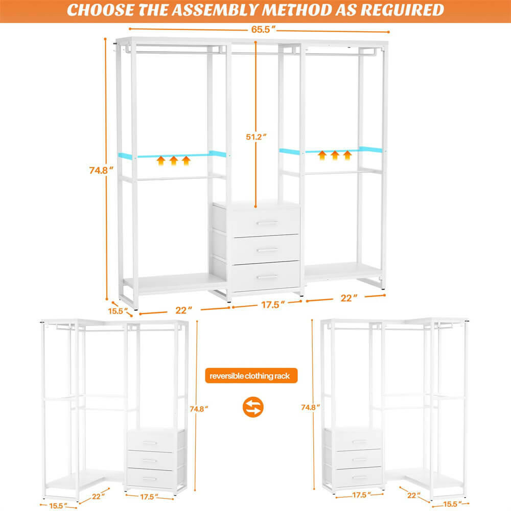 Unikito Garment Rack Heavy Duty Clothes Rack for Hanging Clothes, Wood Clothing Rack with 3 Drawers Freestanding Closet Wardrobe Rack, Multi-Functional Corner L Shaped Closet System Organizers