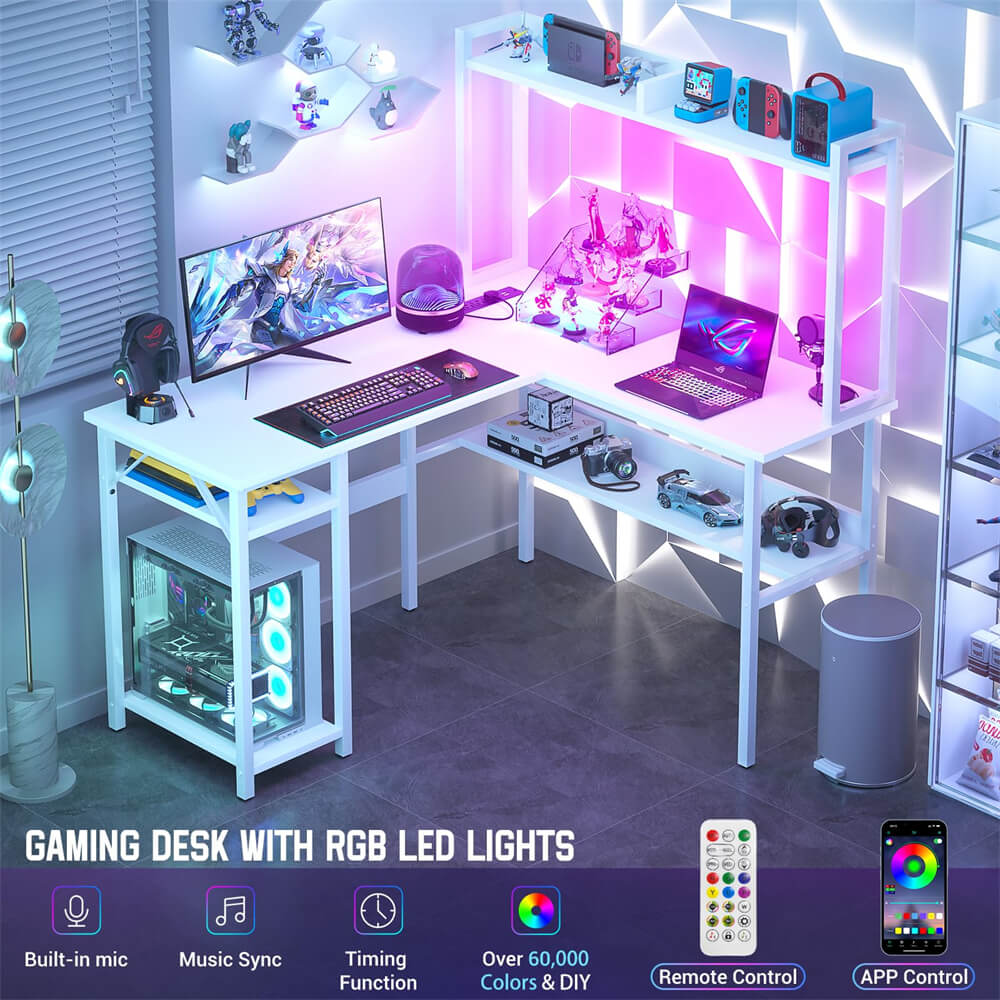 Unikito L Shaped Gaming Desk with RGB LED Strip and Power Outlets, Reversible Corner L Shaped Office Desk with Storage Shelves, Corner Desk with Hutch, Ideal Home Office Desks