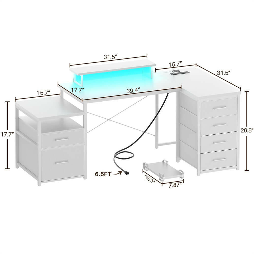 Unikito 70.8" Reversible L Shaped Computer Desk with Fabric File Drawers, Corner Desk with RGB LED Lights & Power Outlets & Monitor Stand, Large Gaming Desk for Home Office Workstation