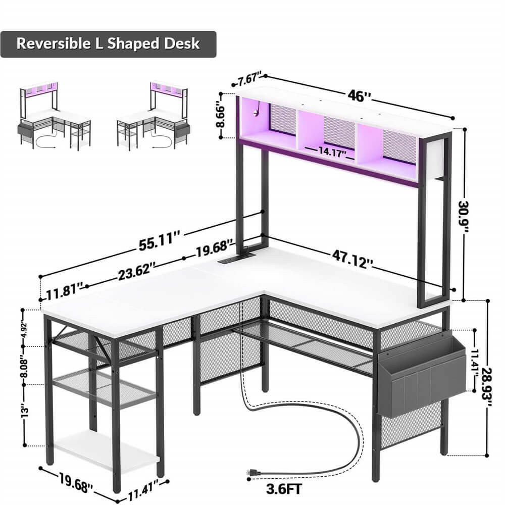 Unikito L Shaped Computer Desk with LED Strip and Power Outlets, Reversible L-Shaped Corner Desk with Storage Shelves and Bag, Industrial Home Office Desk Gaming Table with USB Port