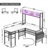 Unikito L Shaped Computer Desk with LED Strip and Power Outlets, Reversible L-Shaped Corner Desk with Storage Shelves and Bag, Industrial Home Office Desk Gaming Table with USB Port