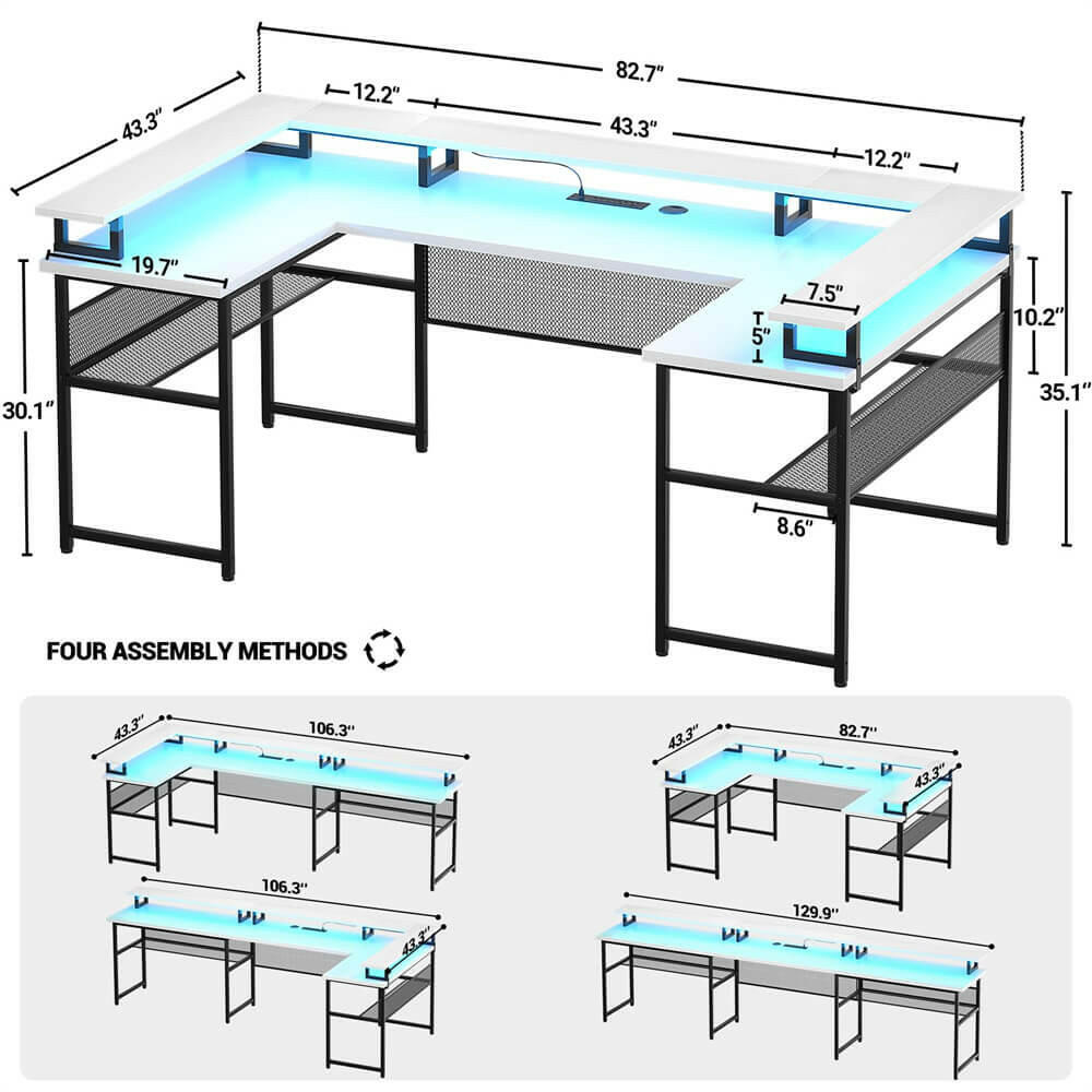 Unikito U Shaped Computer Desks, Reversible Office Desk with LED Strip and Power Outlets, L Shaped Table with Full Monitor Stand and Storage Shelves, 83 Inch Large U- Shape Gaming Desk