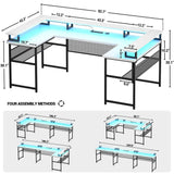 Unikito U Shaped Computer Desks, Reversible Office Desk with LED Strip and Power Outlets, L Shaped Table with Full Monitor Stand and Storage Shelves, 83 Inch Large U- Shape Gaming Desk