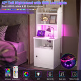 Tall Nightstand with Charging Station and LED Lights, 47 inch Height, with Bookshelf and Storage Cabinet