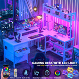 Unikito L Shaped Desk with Hutch, Gaming Desk with Led Lights, Reversible Computer Desk with Power Outlet, Corner Desk with File Drawer & Monitor Stand, Storage Shelves for Home