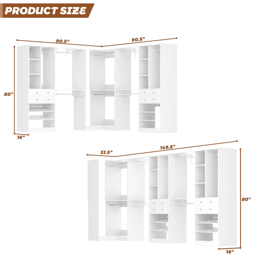 Closet System with Corner(3 Sets), 90.5" Closet Organizer System with Drawers, Shelves, and Hanging Rods