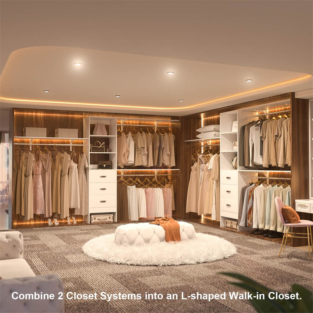 10FT Closet System with 3 Drawers, Walk In Closet Organizer with 3 Shelf Towers, 120" L x 16" W x 75" H, Max Load 1300 LBS