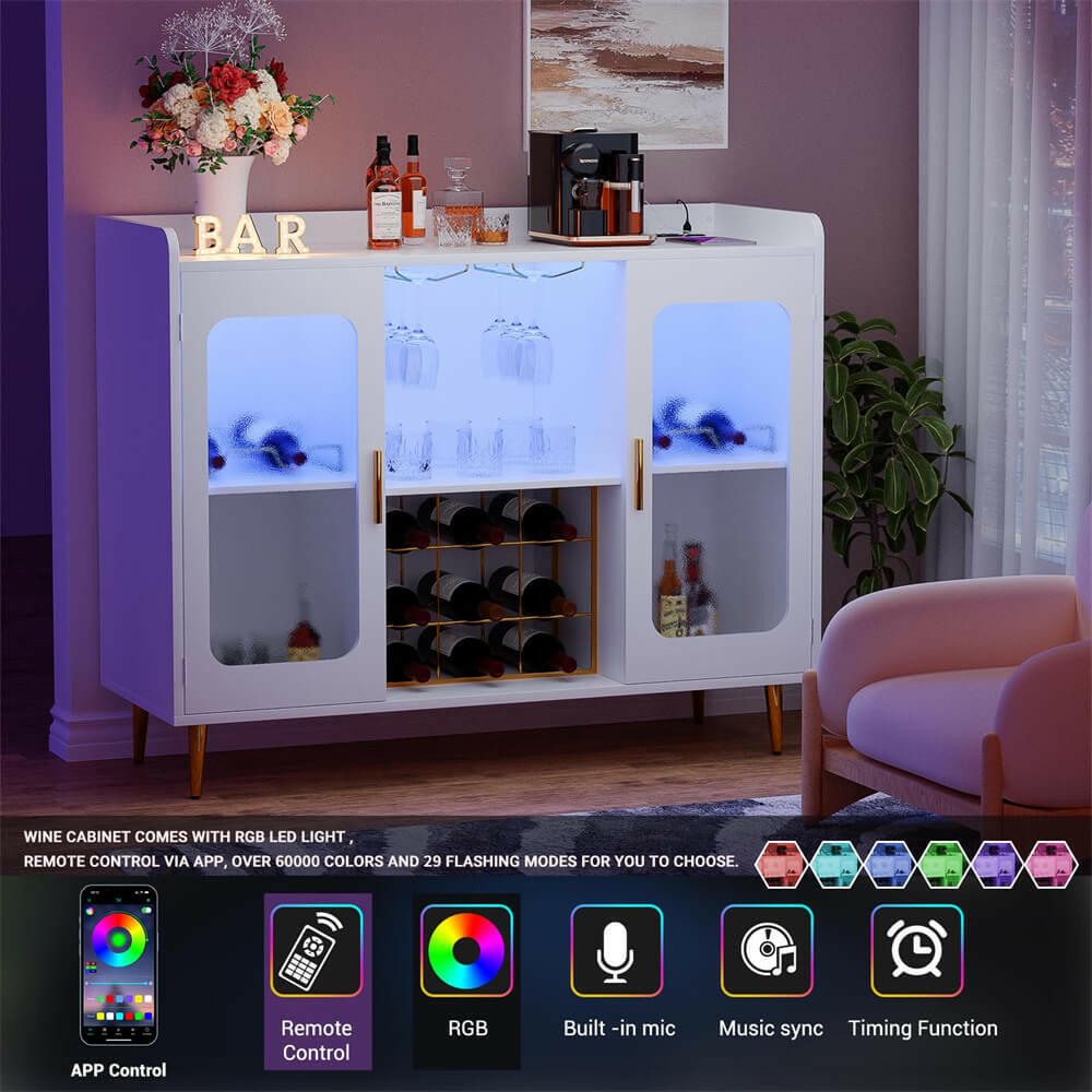 Unikito Liquor Cabinet Bar with Power Outlet and LED Light, Wine Bar Cabinet with Wine and Glasses Rack, Home Coffee Bar Cabinet, Buffet Sideboard with Storage Shelf for Kitchen, Dining Room