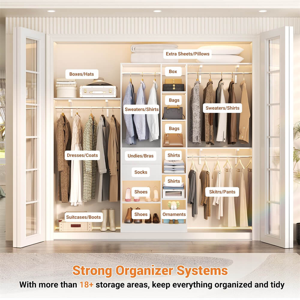 8FT Heavy Duty Closet Organizer System, Walk In Closet System with 13 Shelves and 2 Wood Drawers