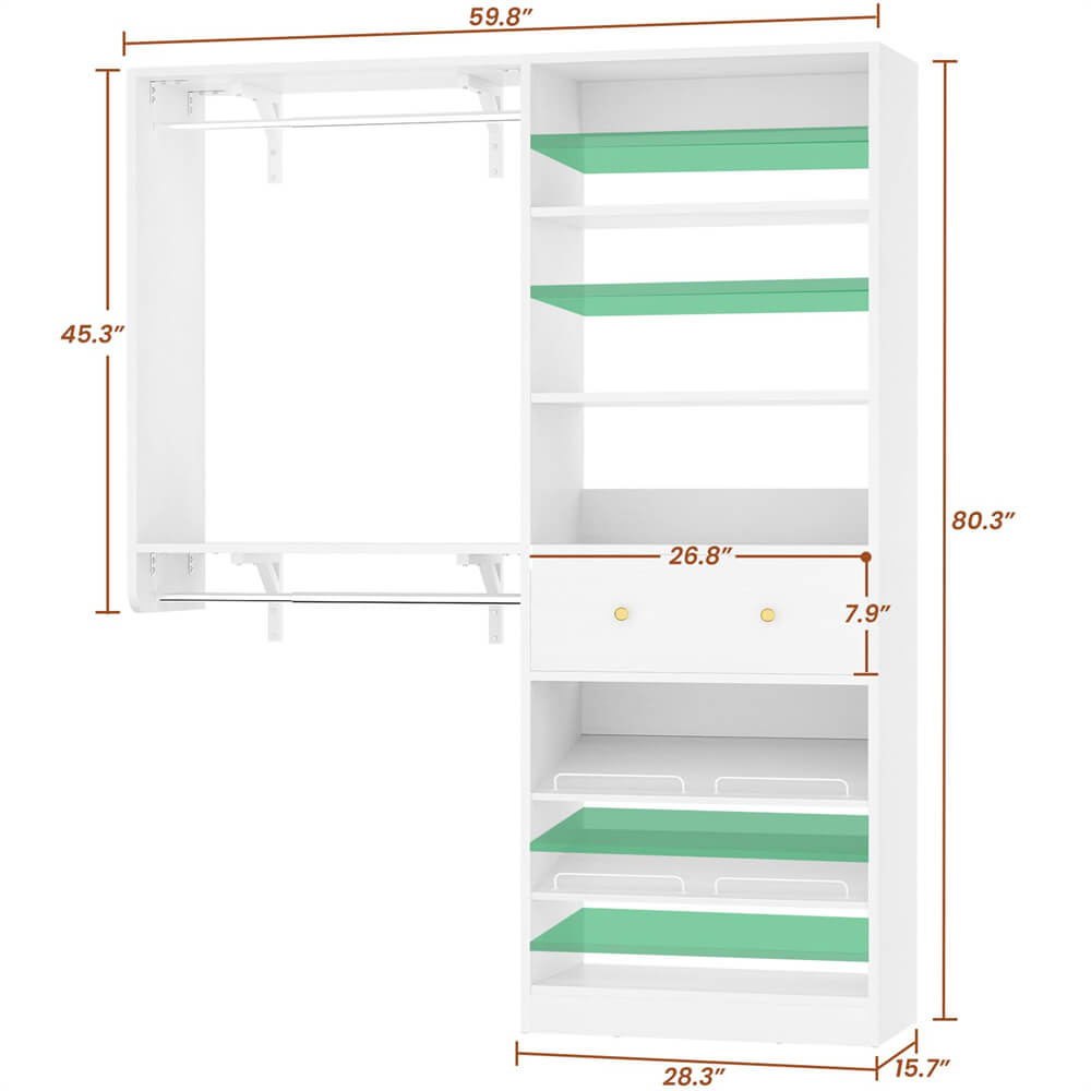 5FT Closet System with Drawer, Reversible Wood Closet Organizer with Hanging Rods, Hanging Shelves, and Shoe Rack