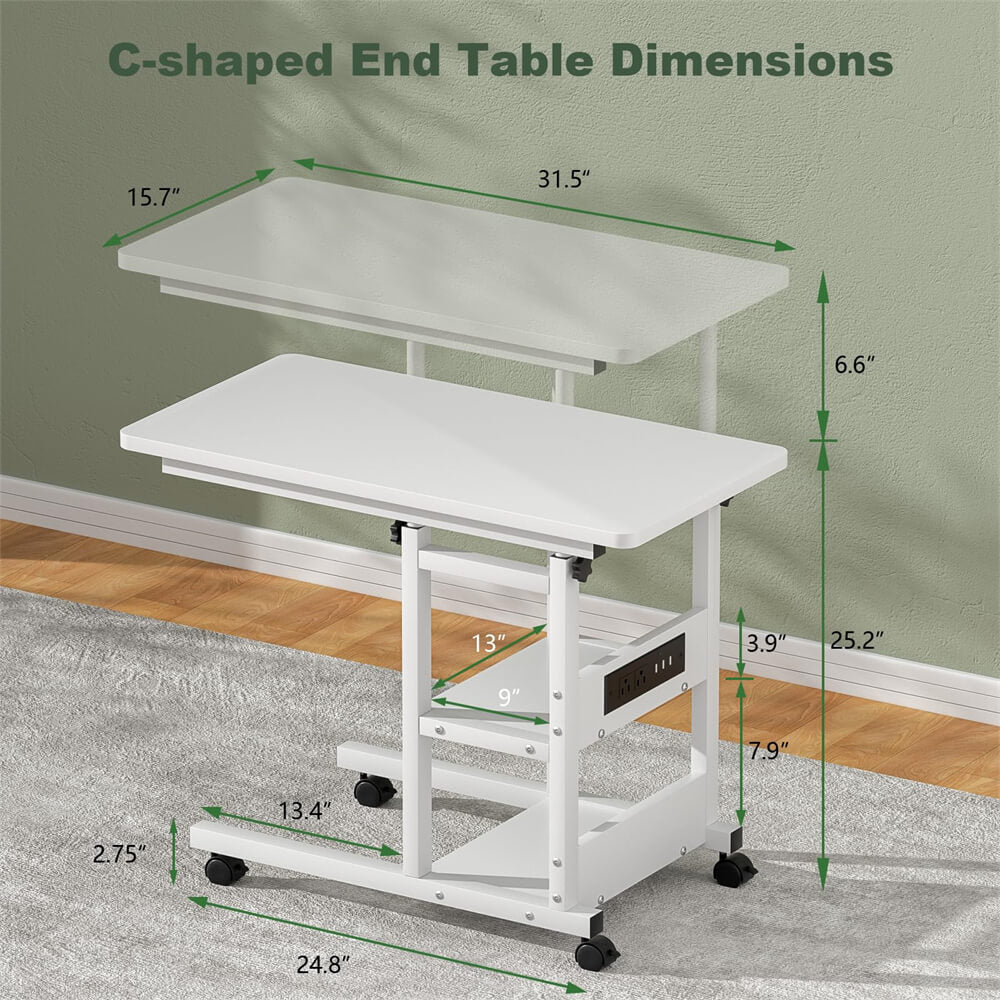 2-Tier Height Adjustable C Shaped End Table with Charging Station, with USB Ports and Wheels