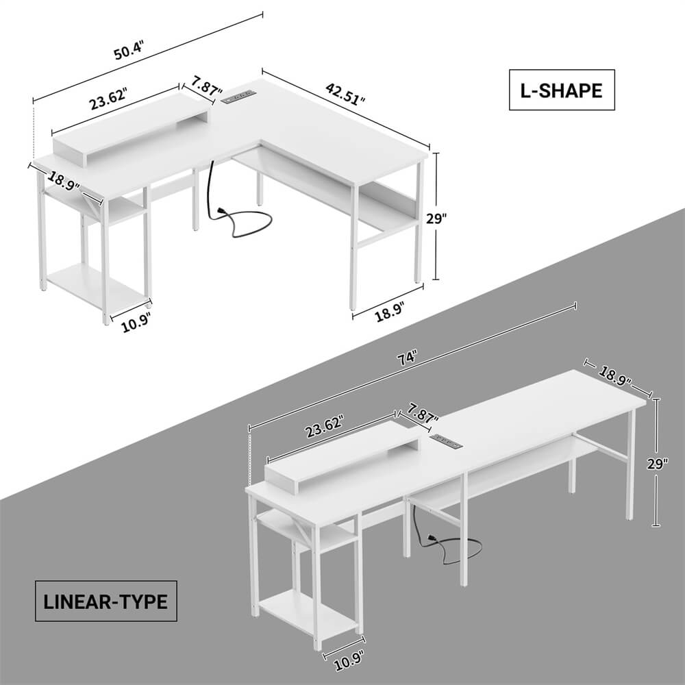 Unikito Reversible L Shaped Desk with Power Outlets and RGB LED Light, Sturdy Computer Desk with Ergonomic Monitor Stand and Storage Shelves, Corner Desk for Home Office, Easy Assembly