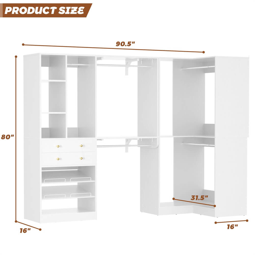 Closet System with Corner, 90.5 Inch Wooden Closet Organizer System with Drawers, Hanging Rods and Shelves