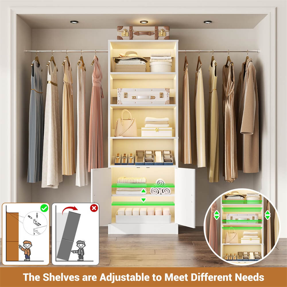 8FT Wooden Clothes Organizer System with Door, Storage Shelves, and Hanging Rods