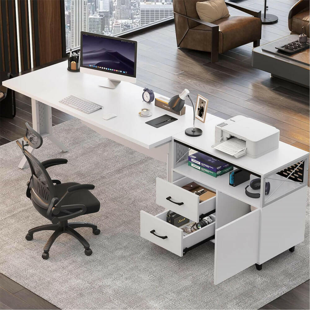 Unikito L Shaped Office Desk with Storage Cabinet and Recessed Power Strip LED Strip, 55 Inch Thickened Heavy Duty Executive Computer Desk with 2 Drawers and 1 Door Cabinet