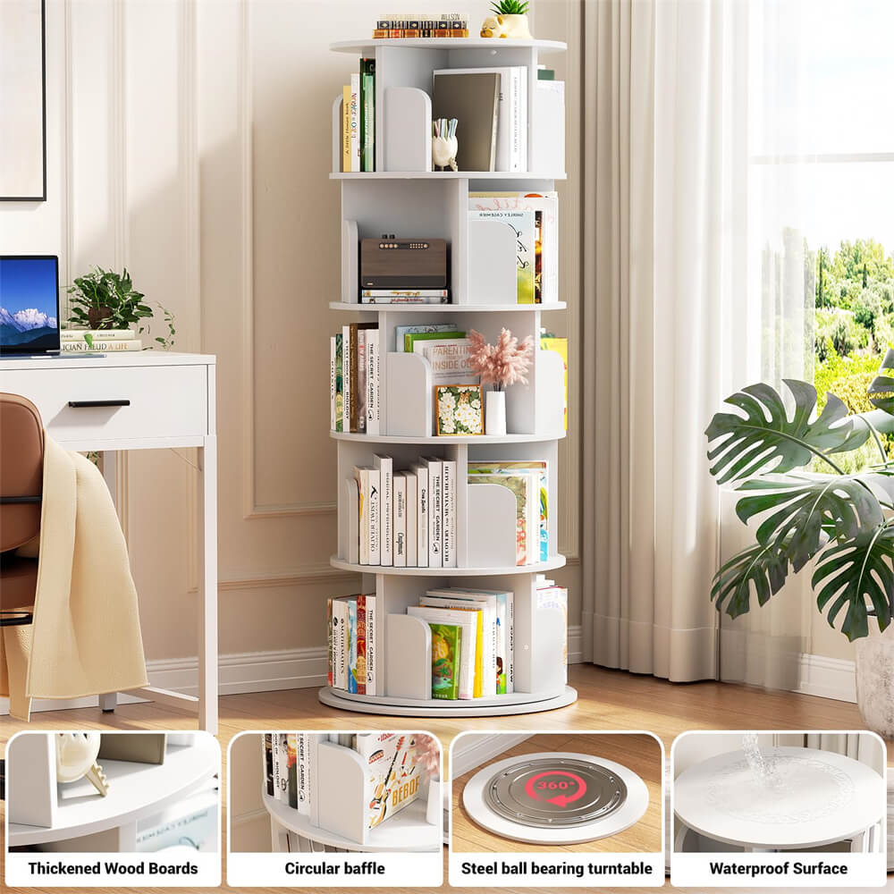 5-Tier Rotating Bookshelf, Wooden Spinning Bookshelf Tower, Suitable for Small Spaces Such as Bedroom, Stury Room