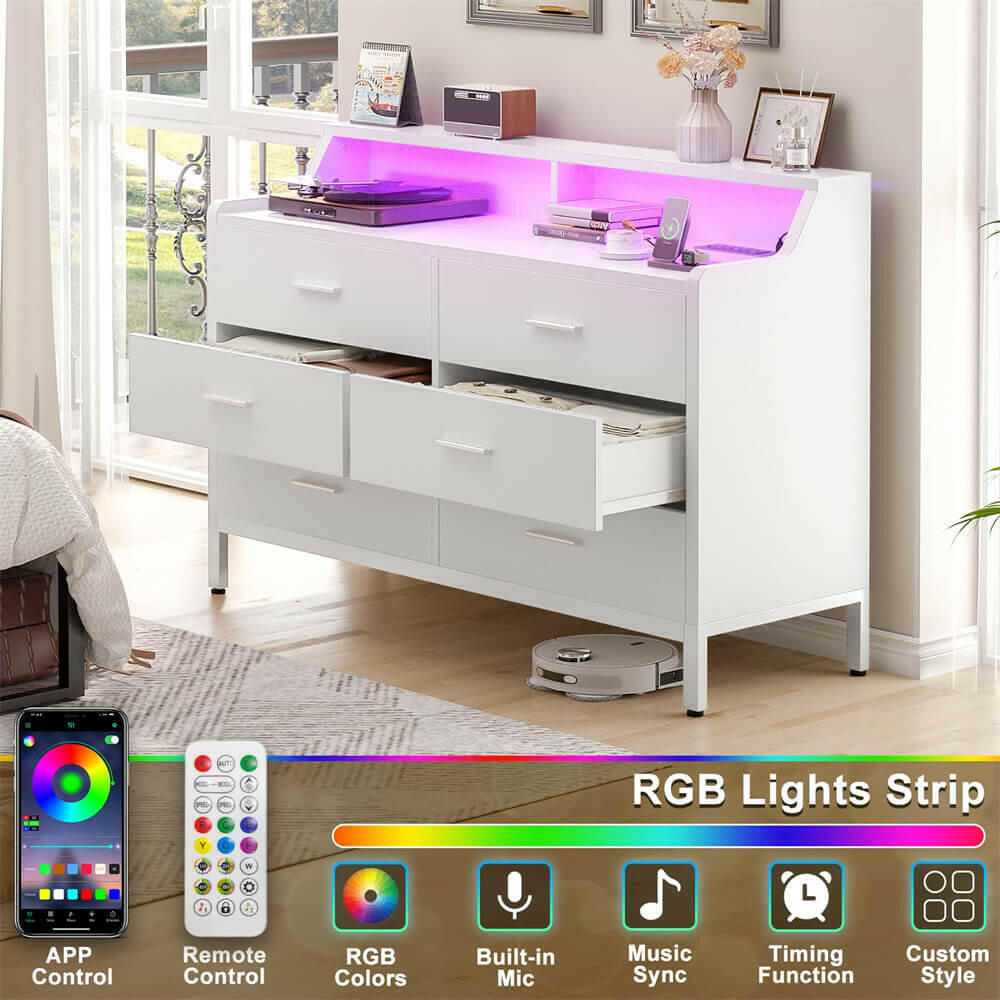 Unikito 6 Drawer Dresser for Bedroom, Wood Storage Dresser with Power Outlets and Smart LED Lights, Sturdy Modern Bedroom Furniture