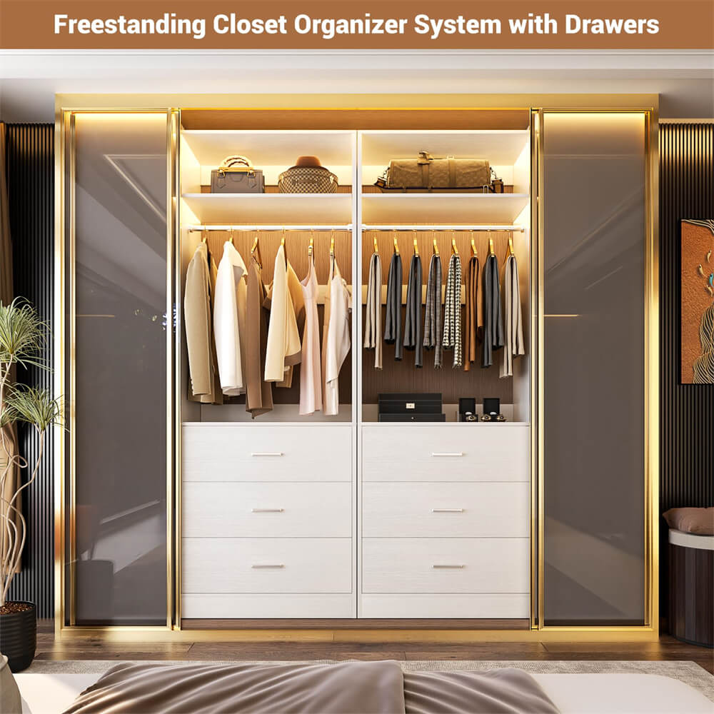 2FT  Freestanding Closet System with 3 Wood Drawers, Closet Organizer with Hanging Rod & Shelves, 24"L x 15" W x 80" H