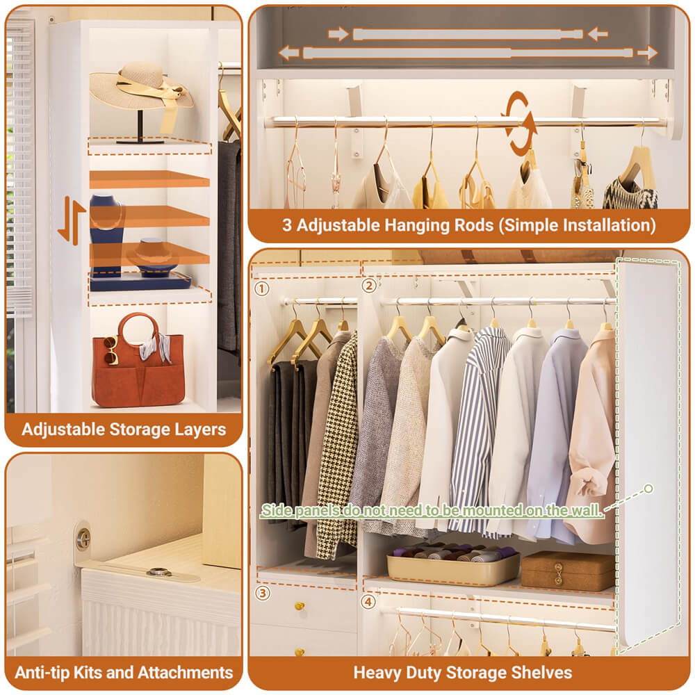 5FT Closet System with 2 Wood Drawers, 2 Hanging Rods & Shelf Towers, Reversible, Wall-Mount