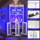 Unikito Corner Bar Cabinet with Power Outlet, Industrial Wine Cabinet with LED Strip and Glass Holder, 5-Tiers Liquor Cabinet Bar Unit for Home, Corner Display Cabinet for Small Space