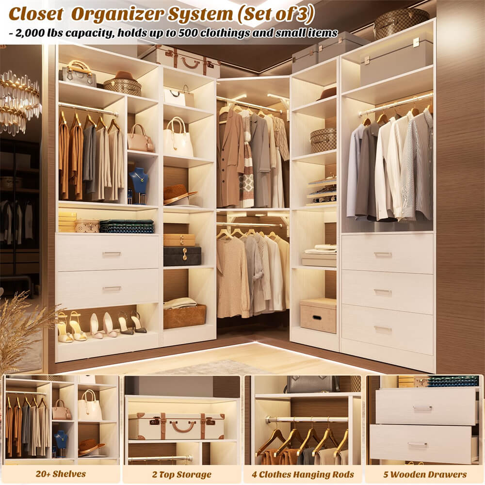 3-In-1 Freestanding Closet System, Closet Organizer with 5 Wood Drawers, 4 Hanging Rods, Reversible, 63.2"L x 63.2"W x 80"H, Load 2000+LBS