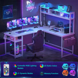 Unikito L Shaped Desk with Power Outlet & LED Strip, Reversible L-Shaped Corner Computer Desks Gaming Desk with Storage Shelf & Monitor Stand, Modern 2 Person Home Office Desk, Writing Desk