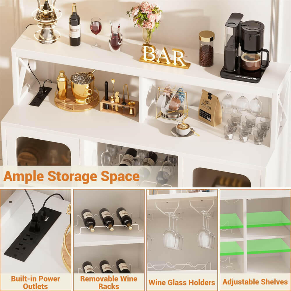 Unikito Bar Cabinet with Power Outlet, Liquor Cabinet with Led Lights and Glass Holders, Storage Buffet Cabinet Coffee Bar Cabinet for Liquor, Wine Cabinet with Racks for Home, Kitchen