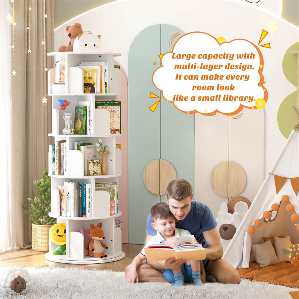 5-Tier Rotating Bookshelf, Wooden Spinning Bookshelf Tower, Suitable for Small Spaces Such as Bedroom, Stury Room