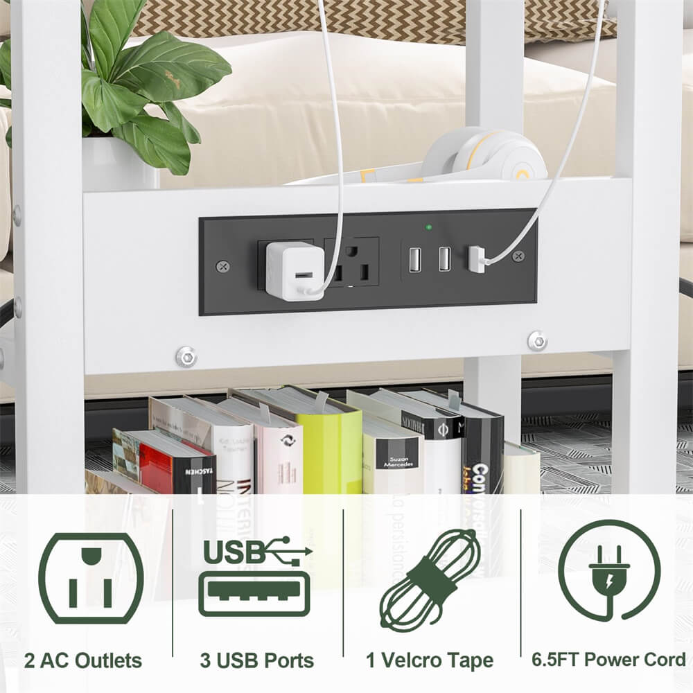 2-Tier Height Adjustable C Shaped End Table with Charging Station, with USB Ports and Wheels