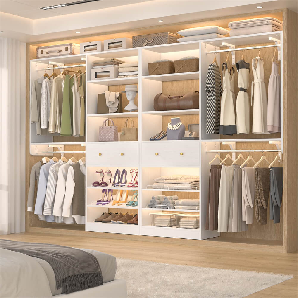 5FT Closet System with Drawer, Reversible Wood Closet Organizer with Hanging Rods, Hanging Shelves, and Shoe Rack