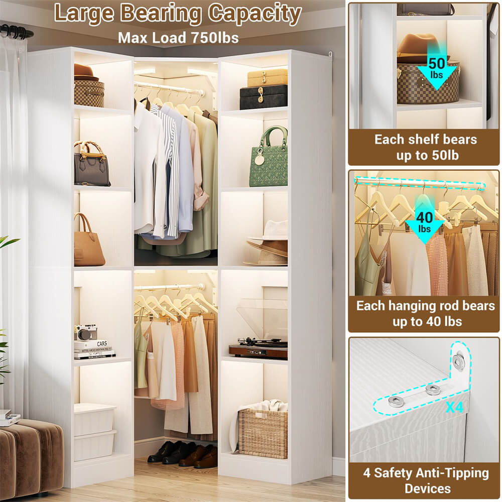 40 Inch L Shaped Corner Closet System, with 12 Shelves, 2 Hanging Rods, 6-Tier Design