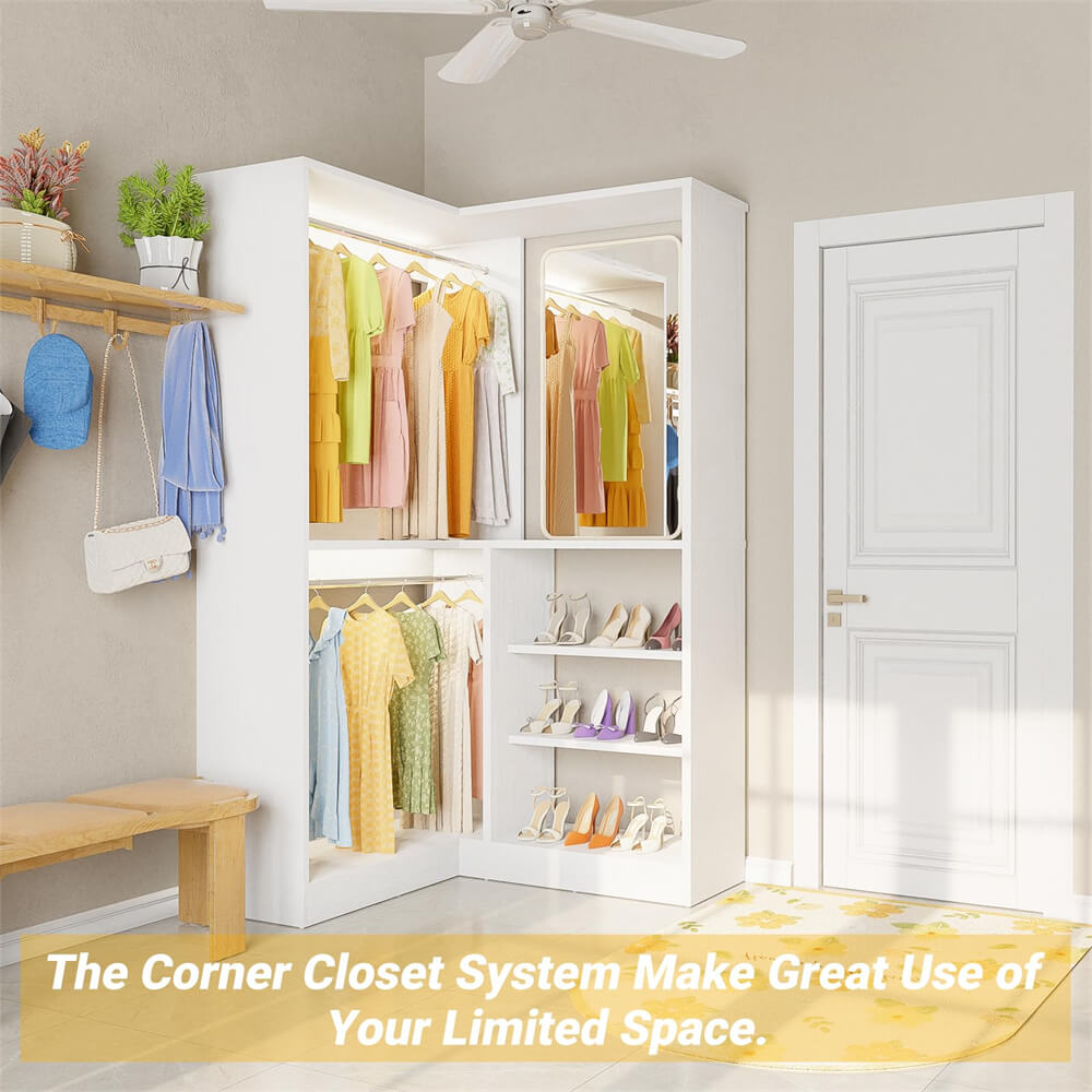 Corner Closet System, 36'' x 36'' Inch Large Freestanding Closet Organizer Tower with 2 Hanging Rods and Shelves