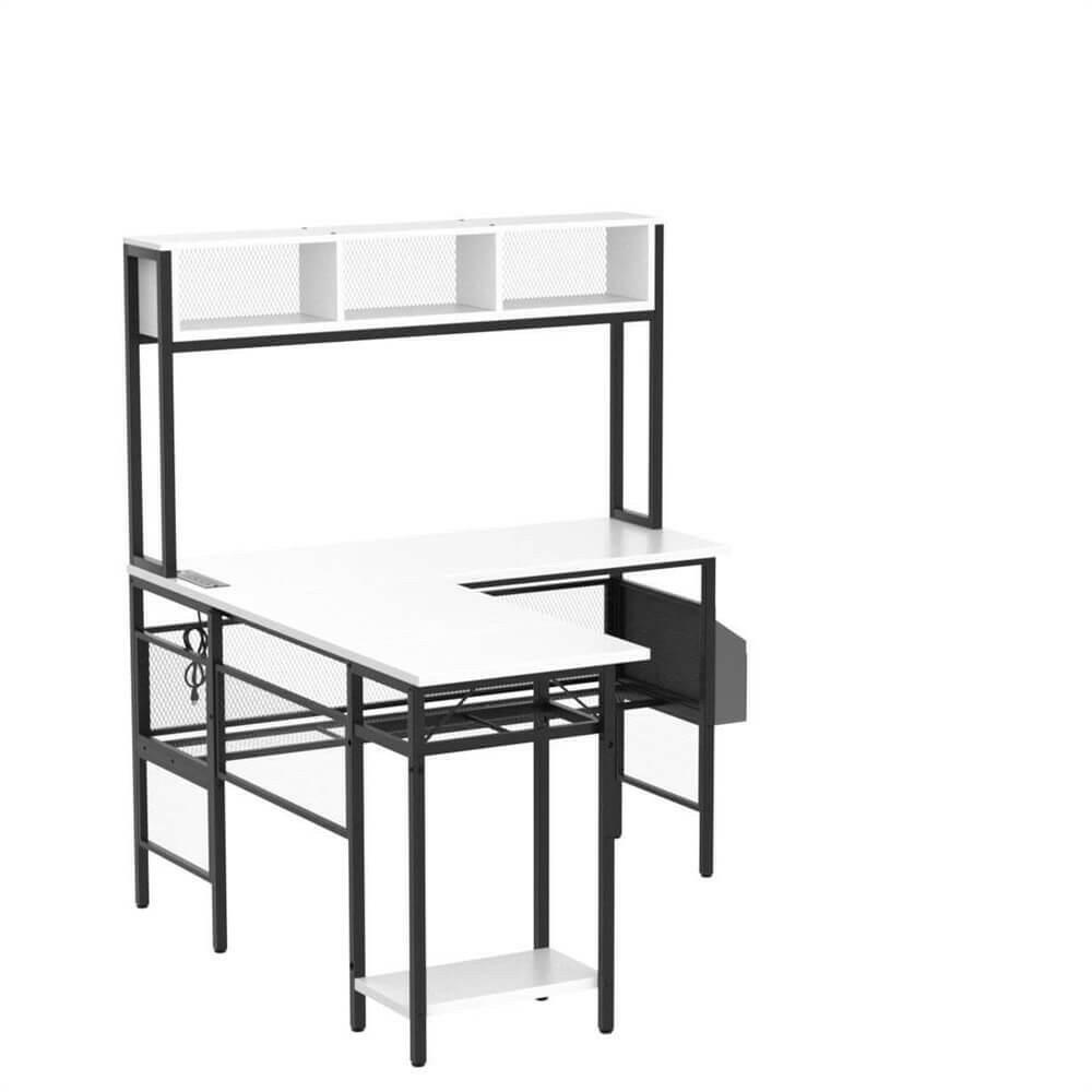 Unikito L Shaped Computer Desk with LED Strip and Power Outlets, Reversible L-Shaped Corner Desk with Storage Shelves and Bag, Industrial Home Office Desk Gaming Table with USB Port