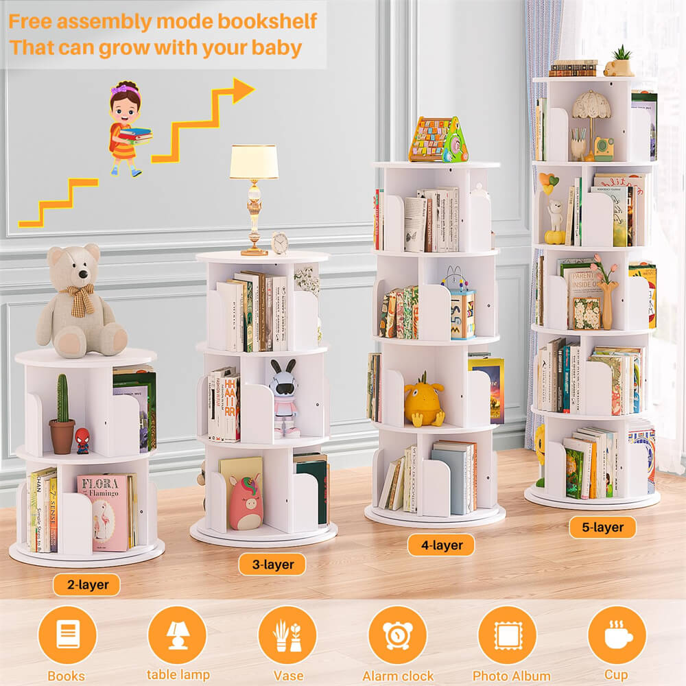 5-Tier Rotating Bookshelf, Wooden Spinning Bookshelf Tower, Suitable for Small Spaces Such as Bedroom, Stury Room