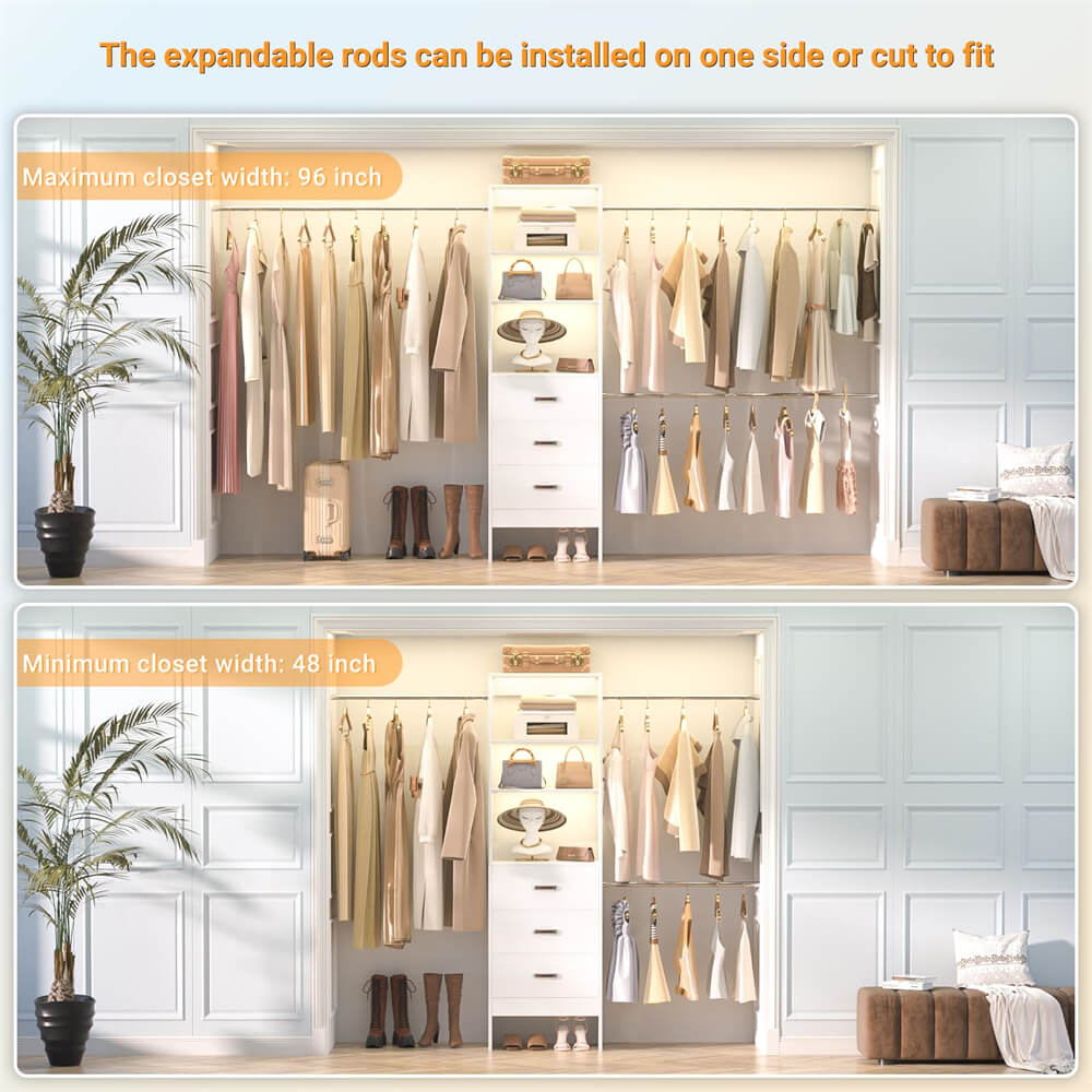 96 inch Closet Organizer System with 3 Wood Drawers and 3 Hanging Rods, Freestanding, and Adjustable