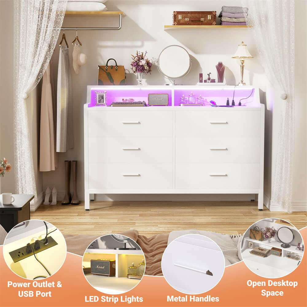 Unikito 6 Drawer Dresser for Bedroom, Wood Storage Dresser with Power Outlets and Smart LED Lights, Sturdy Modern Bedroom Furniture