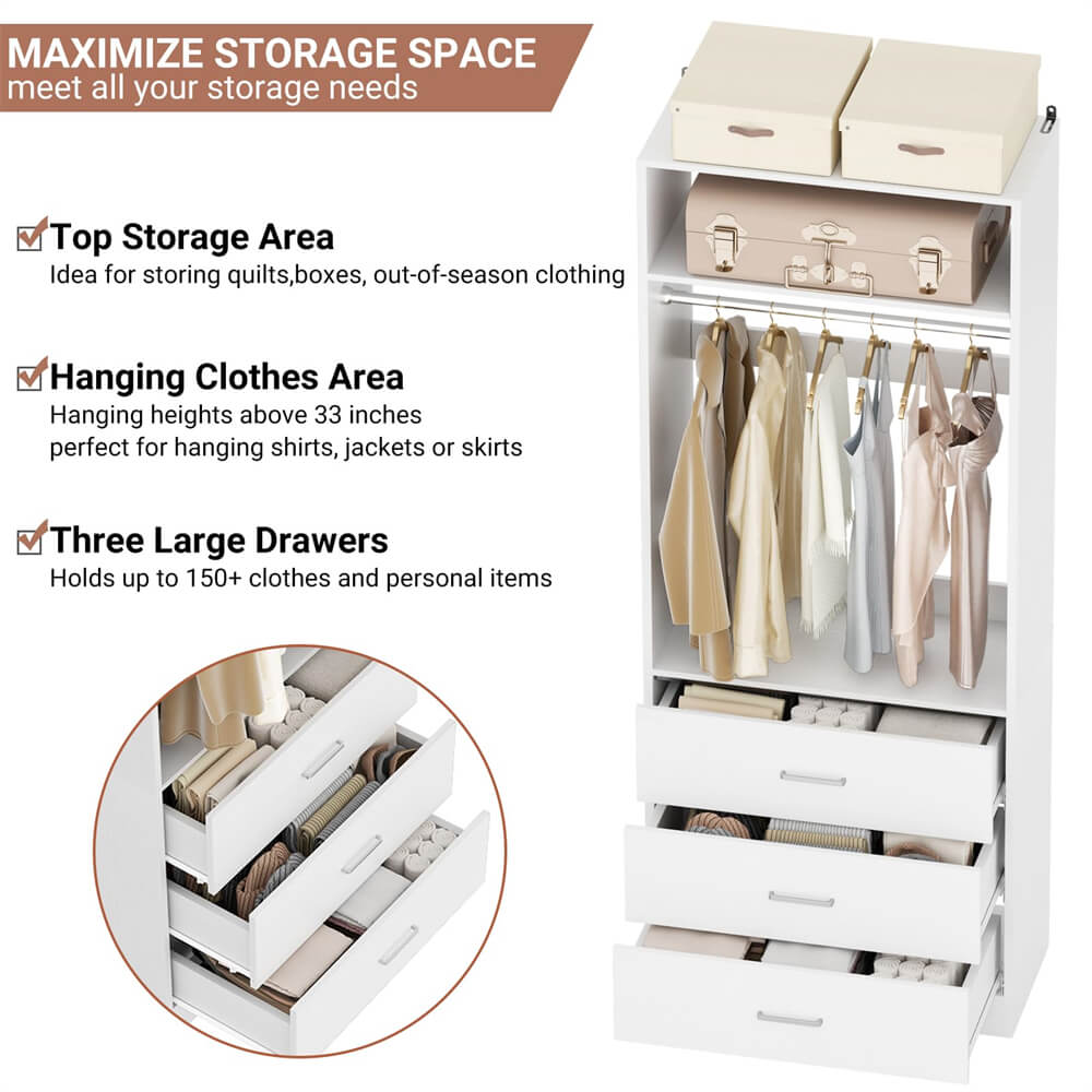 2FT  Freestanding Closet System with 3 Wood Drawers, Closet Organizer with Hanging Rod & Shelves, 24"L x 15" W x 80" H