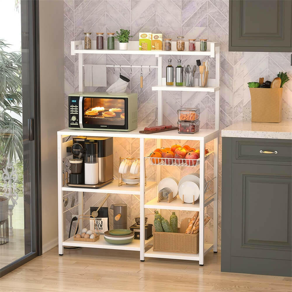 Unikito Bakers Rack with Power Outlet and LED Light Strings, Microwave Oven Stand Kitchen Storage Shelf with Wire Basket, Coffee Bar Station Island Table with 10 Hooks for Spices, Pots