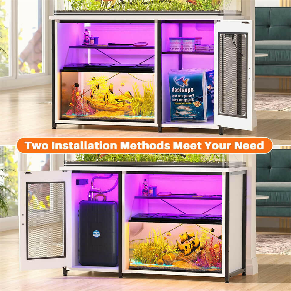 Unikito 55-75 Gallon Aquarium Stand with Power Outlets & LED Light, Reversible Fish Tank Stand with Cabinet for Fish Tank Accessories Storage, Heavy Duty Metal Frame, 880LBS Capacity