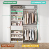 5FT Closet System with Drawer, Reversible Wood Closet Organizer with Hanging Rods, Hanging Shelves, and Shoe Rack