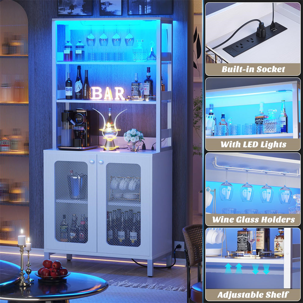 Unikito Tall Wine Bar Cabinet with LED Light and Power Strip, 67'' Standing Liquor Cabinet with Door & Glass Holder, Coffee Bar Cabinet, Bakers Rack Cabinet, for Living Room, Kitchen