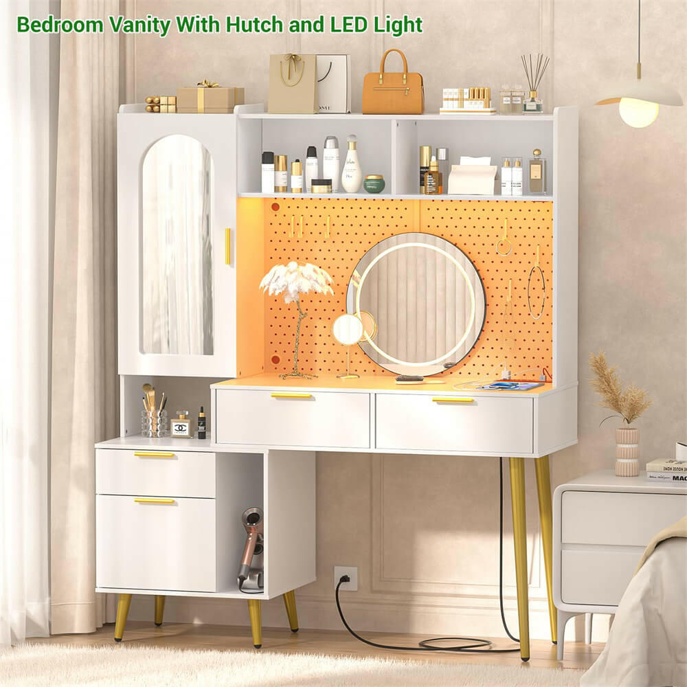 Unikito 48'' Makeup Vanity with Hutch, White Bedroom Vanity with Charging Station and LED, Tall Vanity Table with Pegboard, Mirror, 5 Big Drawers & Shelves, Cabinet, Bedroom Dressing Tables