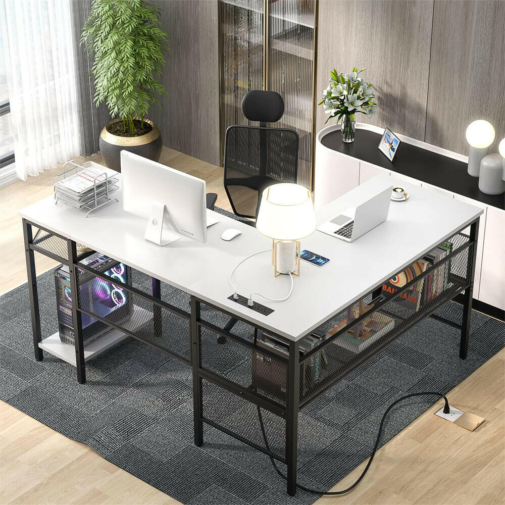 Unikito L Shaped Computer Desk with Power Outlet and USB Charging Port, Reversible L-Shaped Office Desks with Storage Shelves, Unique Grid Design, 2 Person Corner Desk for Home Office