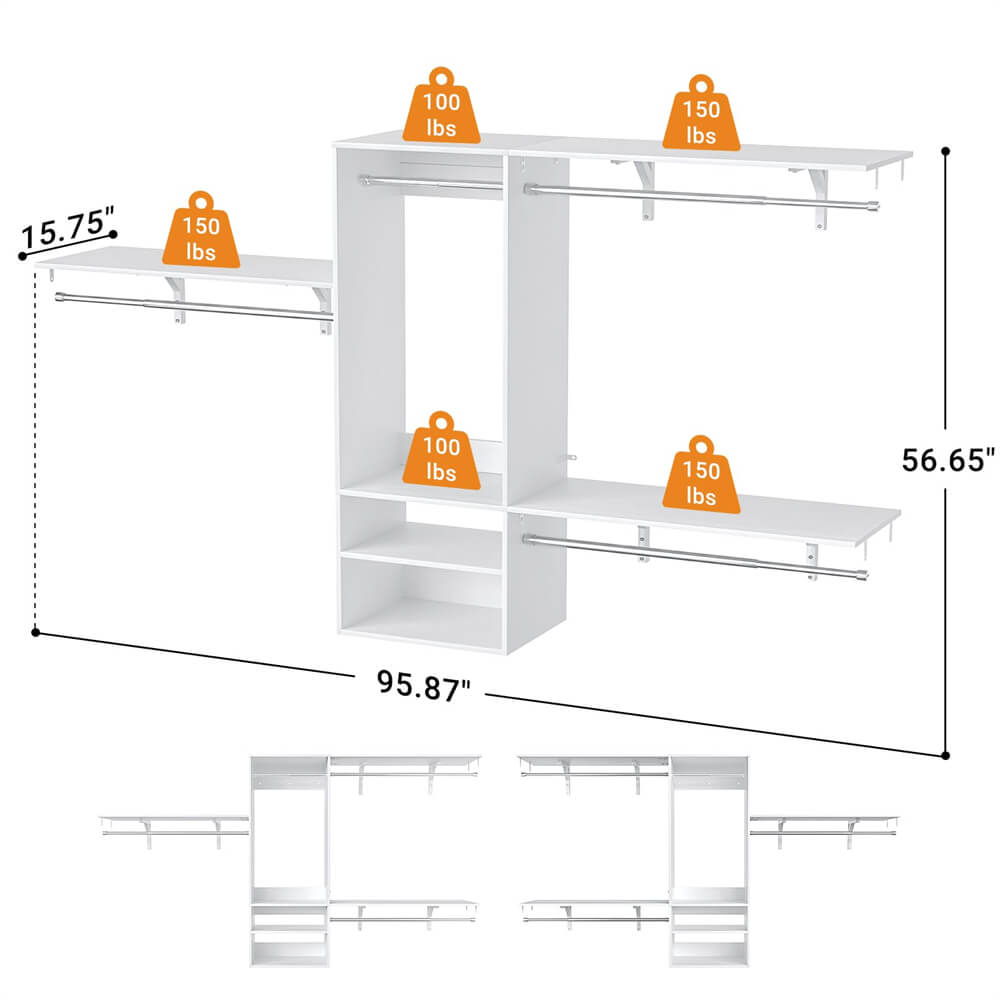 96 Inch Hanging Closet System, Wall Mounted Closet Wardrobe with Hanging Rod, and 3 Shelving Towers(Can Be Cut To Fit), DIY Support