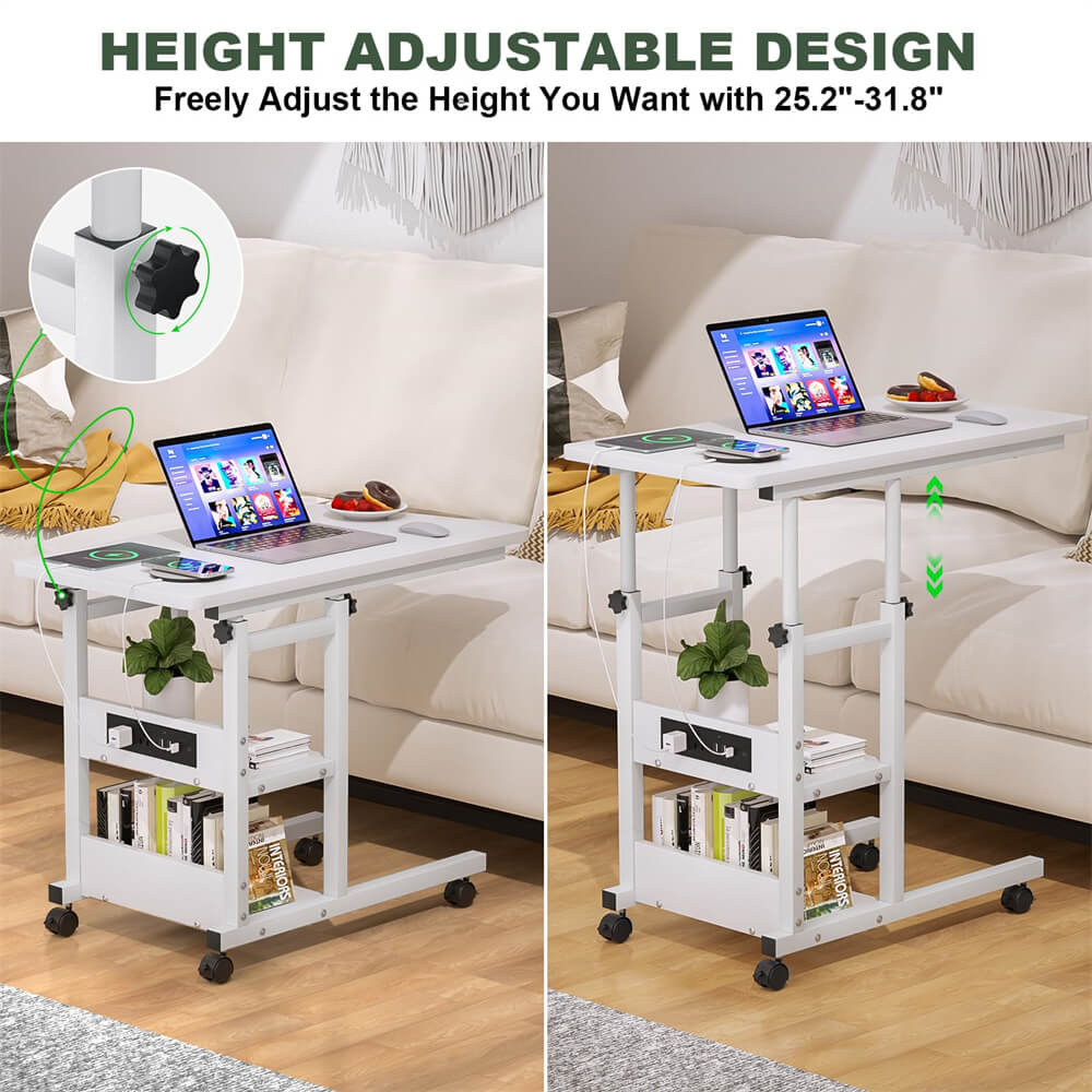 2-Tier Height Adjustable C Shaped End Table with Charging Station, with USB Ports and Wheels