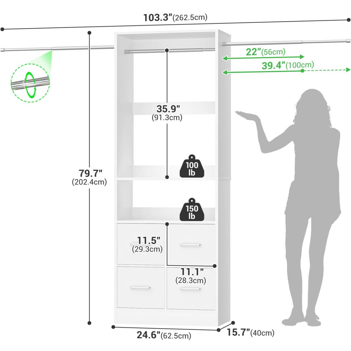 96 Inch Walk-in Closet Organizer System with 4 Fabric Drawers and 3 Hanging Rods, 1000 lbs Capacity