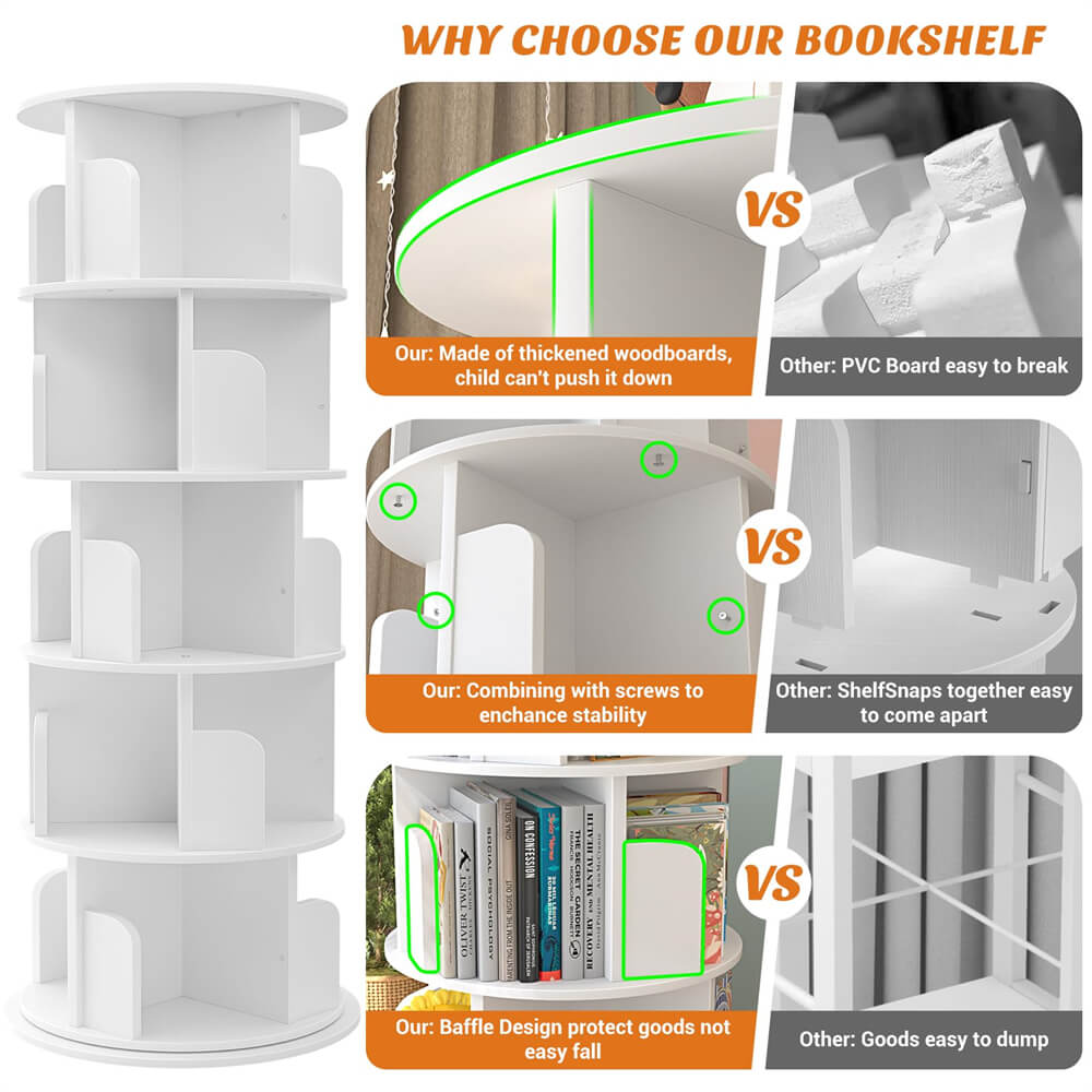 5-Tier Rotating Bookshelf, Wooden Spinning Bookshelf Tower, Suitable for Small Spaces Such as Bedroom, Stury Room