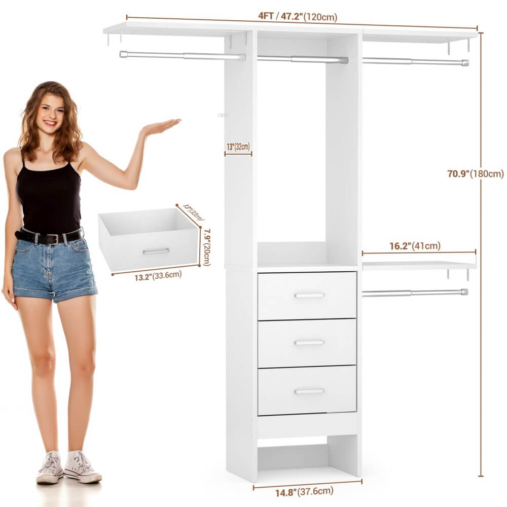 4FT Small Closet System with 3 Fabric Drawers, and 3 Adjustable Shelves