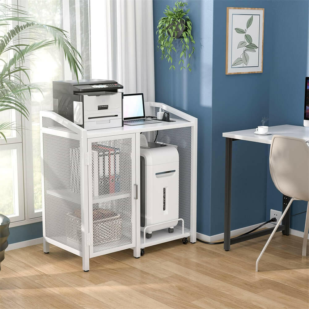 Unikito 3-Tier Lateral Office Filing Cabinets with Socket and USB Charging Port, Modern Printer Stand and Paper Shredder Stand Rack with Wheels, and Open Storage Shelves for Home Office